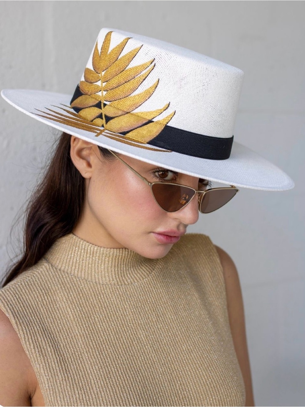 Cream Panama Cordobe Handpainted Artisa Hat with Gold Leaf Accent and Black Band